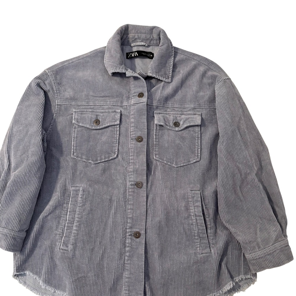 Zara Blue Gray Corduroy Frayed Hem Shacket Button Front Jacket Mens M Modern